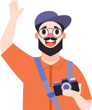 Hand Drawn Tourist is traveling and taking photos happily in flat style