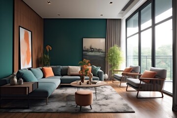 Fototapeta premium Luxury living room in house with modern interior design, velvet sofa, coffee table, pouf, gold decoration, plant, lamp, carpet, mock up poster frame and elegant accessories. 3d render.