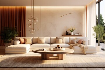Luxury living room in house with modern interior design, velvet sofa, coffee table, pouf, gold decoration, plant, lamp, carpet, mock up poster frame and elegant accessories. 3d render.