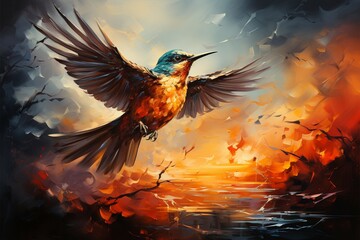 Fototapeta premium Avian twilight Abstract bird emerges in sunlit clouds during vibrant sunset Generative AI