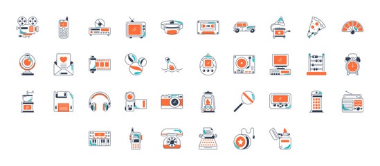 Collection of nostalgic retro gadgets games and devices. Vector illustration. 90s Trendy cartoon illustrations for graphic designs
