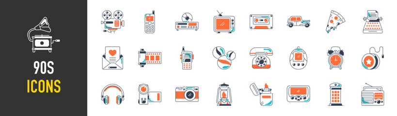 Collection of nostalgic retro gadgets games and devices. Vector illustration. 90s Trendy cartoon illustrations for graphic designs
