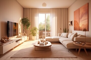 Luxury living room in house with modern interior design, velvet sofa, coffee table, pouf, gold decoration, plant, lamp, carpet, wooden walls and accessories.