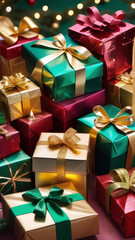 stack of holiday gift boxes wrapped in shimmering foil paper in hues of gold, emerald, and ruby
