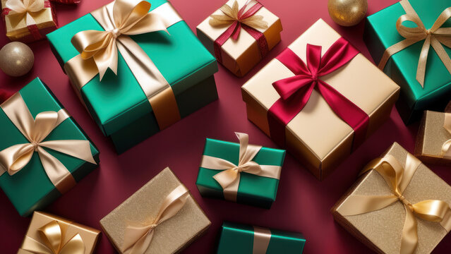 stack of holiday gift boxes wrapped in shimmering foil paper in hues of gold, emerald, and ruby
