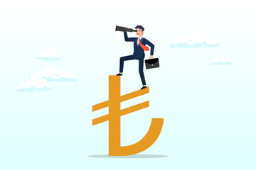 Smart confident businessman standing on Lira money sign using telescope to see future prediction, vision for global financial or economy, business opportunity or investment forecast (Vector)