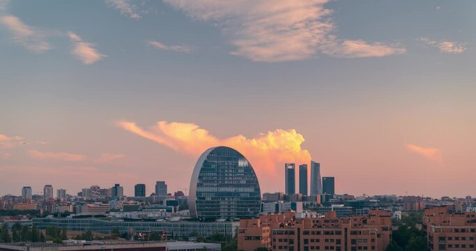 Madrid timelapse skyline with BBVA and five towers business area skyscrappers during sunset with big storm cloud cumulonimbus