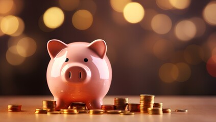 Pink piggy bank for money standing on a pile of coins.