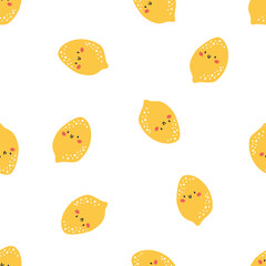 Seamless vector pattern on white background. Cute red lemons with smiling faces. . Vector illustration