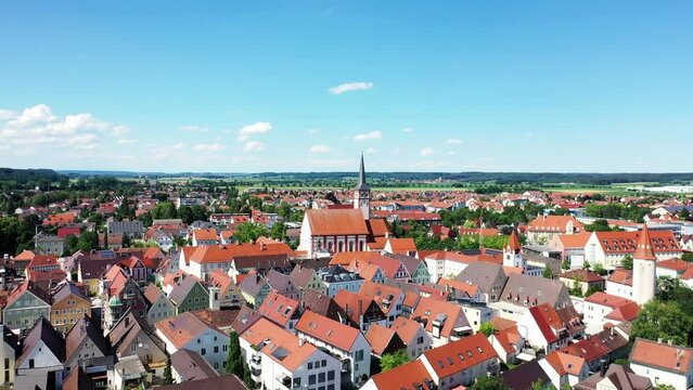Drone video of Mindelheim circling the church. Mindelheim, Unterallgaeu, Swabia, Bavaria, Germany, Europe