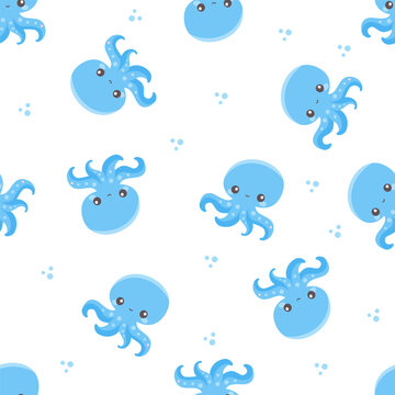 Seamless vector pattern on white background. Cute blue octopuses and water bubbles . Vector illustration