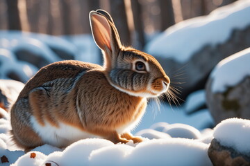 Tiere des Waldes im Winter. Kaninchen, Hase.