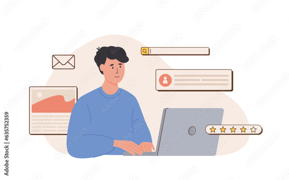Poster young happy web ui ux designer working on laptop. freelancer at work creating content. website devel