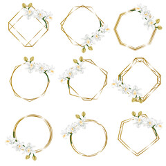 Vector set of gold frames of different shapes and with white orchid branches. Frames on white background for holiday design. Vector illustration © Alena