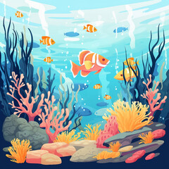 An illustration of an underwater scene with coral reef and fish AI Generated