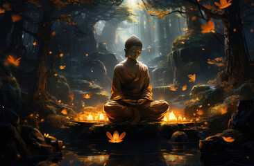 Buddha statue in the forest. 3d render illustration. created by generative AI technology.
