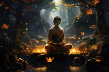 Fototapeten Buddha statue in the forest. 3d render illustration. created by generative AI technology. © hakule