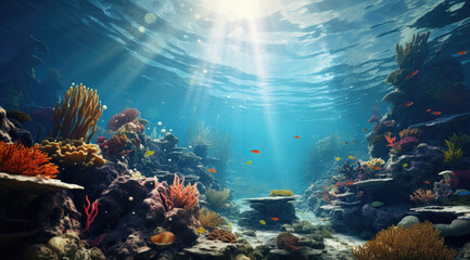 Fototapeta na wymiar Underwater landscape with corals and tropical fish. 3D illustration. created by generative AI technology.
