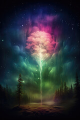 Fantasy landscape with tree, lightning and aurora borealis. created by generative AI technology.