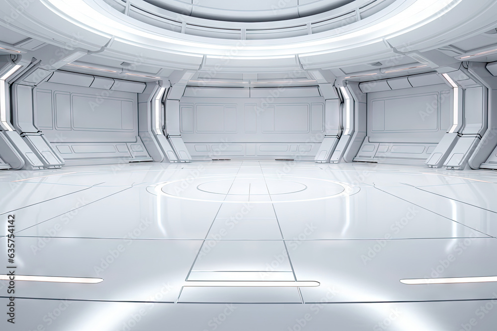 Wall mural technology abstract white modern hi-tech display background, empty space scene, spaceship, dark nigh