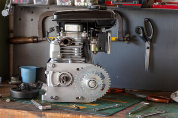 engine being repaired on the workbench
