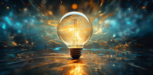 business idea creative concept technology. A light bulb illuminated on a blue marble background. - obrazy, fototapety, plakaty