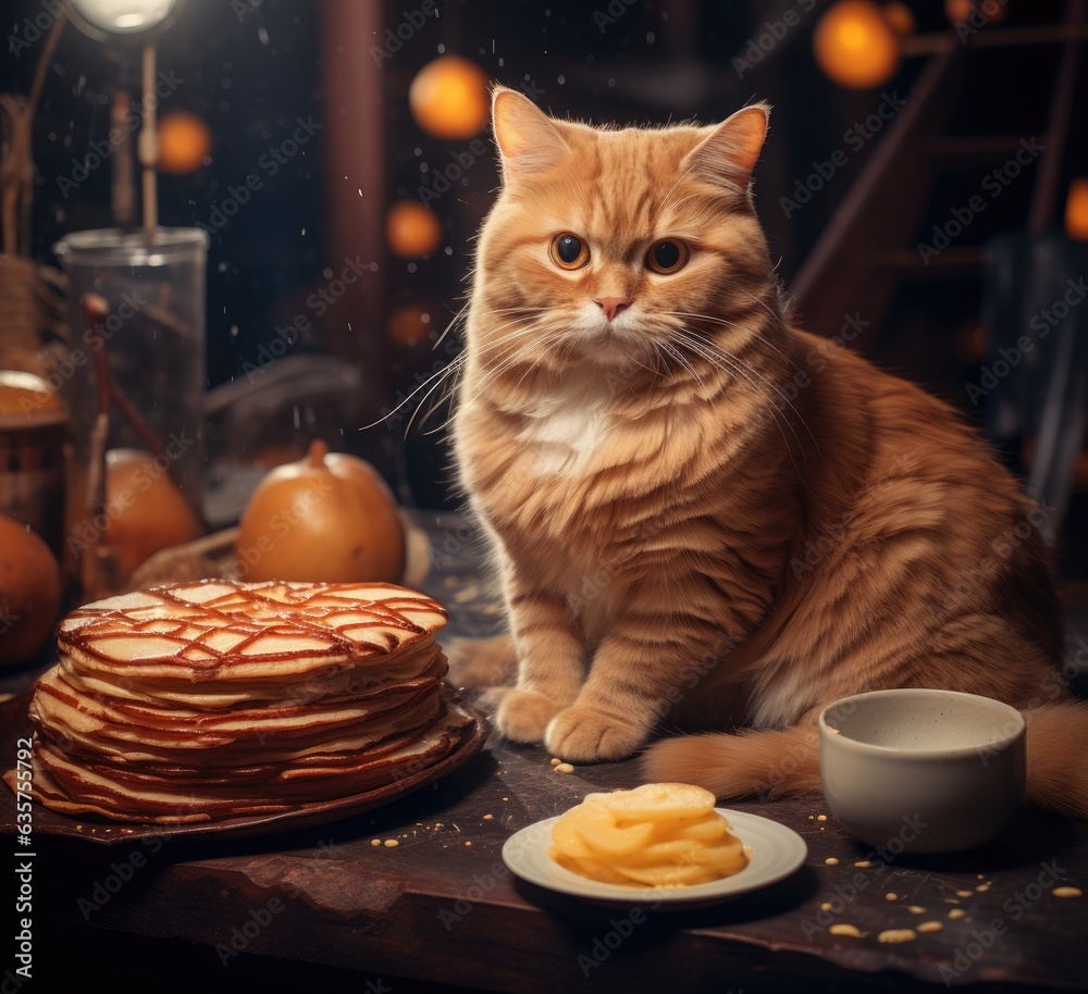 Sticker A cat sitting next to a stack of pancakes. Generative AI.