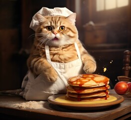 A cat in a chef"s hat standing next to a stack of pancakes. Generative AI.