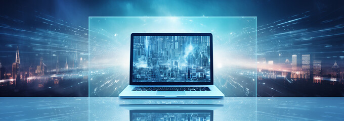banner laptop computer with glowing blue digital line network structure. Technology and network concept. Double exposure.
