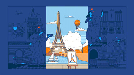 Couple of tourists travel and sightseeing Paris, vacation trip to France, modern people scene. Vector illustration in outline graphic style