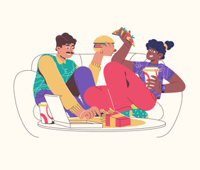 Young couple having lunch in living room. Food delivery.Flat vector illustration