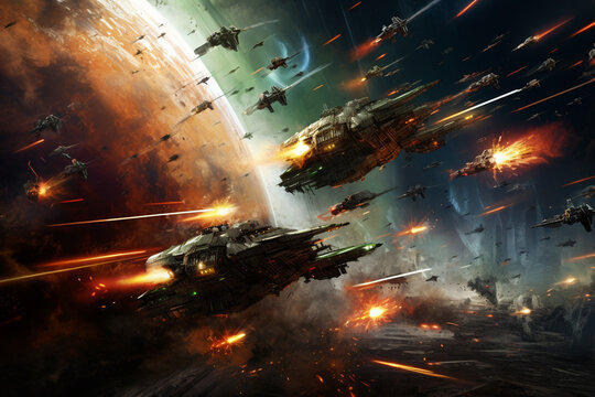 epic space battle with explosions and motion blur