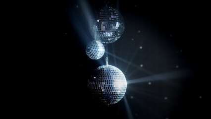 A colorful disco mirror ball illuminates the backdrop of a nightclub. The party lights up the disco...