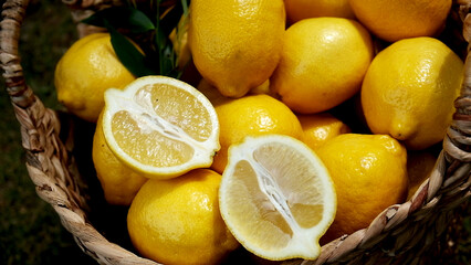 Ripe lemons in a wicker basket. Wicker basket with lemons in the garden. © wedmoments.stock