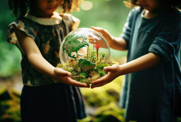 Childs holding a small globe with moss in the grass