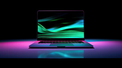 Laptop on dark background with colorful glow - obrazy, fototapety, plakaty