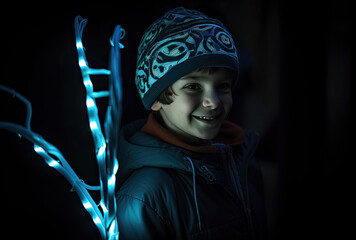 Smiling young boy is holding a light up stick