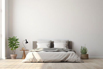 Boho minimal bedroom interior style with Home decoration mock up. Cozy beige tine stylish, furniture, comfortable bed, Modern design background with Generative AI.