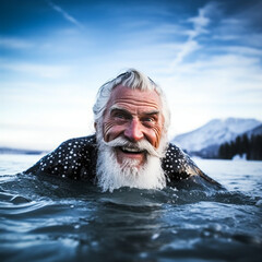 Man bathing in a frozen lake. Generative AI.