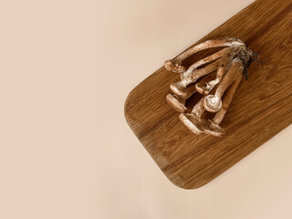 Mushrooms of honey mushrooms lie on a wooden oak board on a beige background. Bed autumn still life. Harvesting mushrooms. Flatley, top view