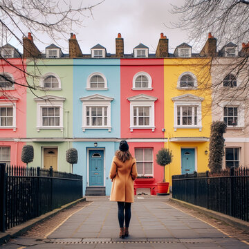 Tourist in Notting Hill, London. colorful houses. Generative AI.