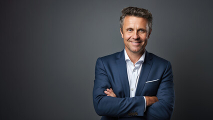 Content Australian executive in 40s, dark blue suit