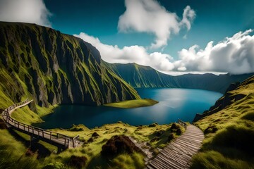 Mountain landscape with hiking trail and view of beautiful lakes Ponta Delgada, Sao Miguel Island, Azores, Portugal 3d rendering