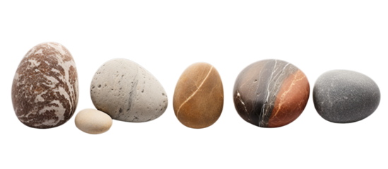 Set of different pebbles / rocks isolated on transparent background