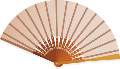 Asian hand fan traditional oriental beige souvenir with wooden handle vector flat illustration. Chinese folded handheld paper silk accessory cooling wind minimalist floral ornament open fashion decor © Vikivector