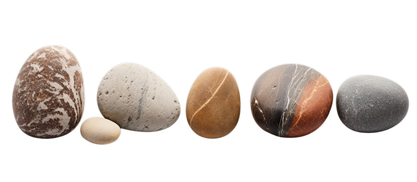 Set of different pebbles / rocks isolated on transparent background