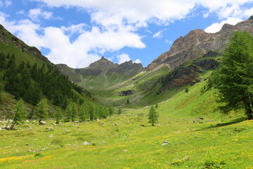 Fototapeta na wymiar Mountain landscape on a hiking trail leading from Aosta valley to Luseney lake, in Saint Barthelemy valley, Italy