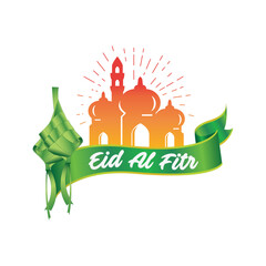 Eid Al Fitr banner with Ketupat on masque background. Vector Illustration.