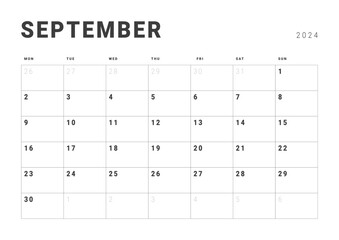 Monthly page Calendar Planner Templates of September 2024. Vector layout of simple calendar with week start Monday for print. Page for size A4 or 21x29.7 cm