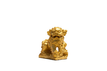 A Chinese figurine, a traditional golden lion, stands on a white background. Capturing the essence of cultural heritage and symbolism in a modern setting.